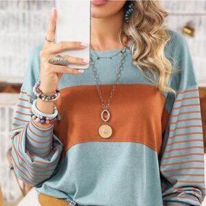 Round Neck Casual Striped Contrast Long Sleeved T-Shirt